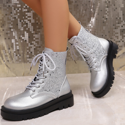 Women's New Sequined Lace-up Platform Martin boots Round-toed Short Boots