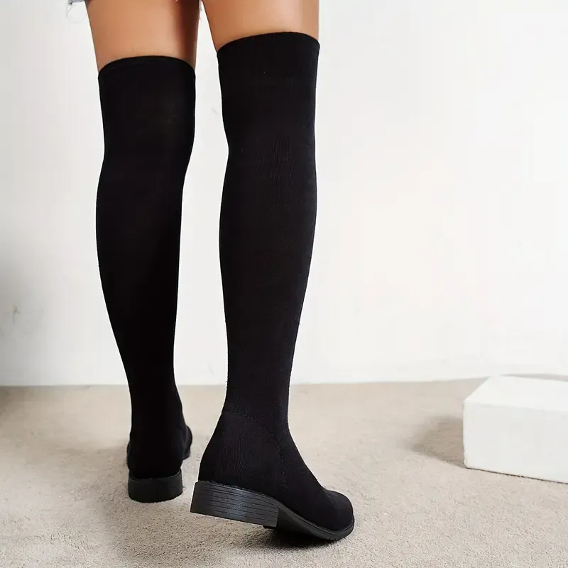 New Style Elastic Versatile Knee-High Boots Flat Slimming Boots for Women