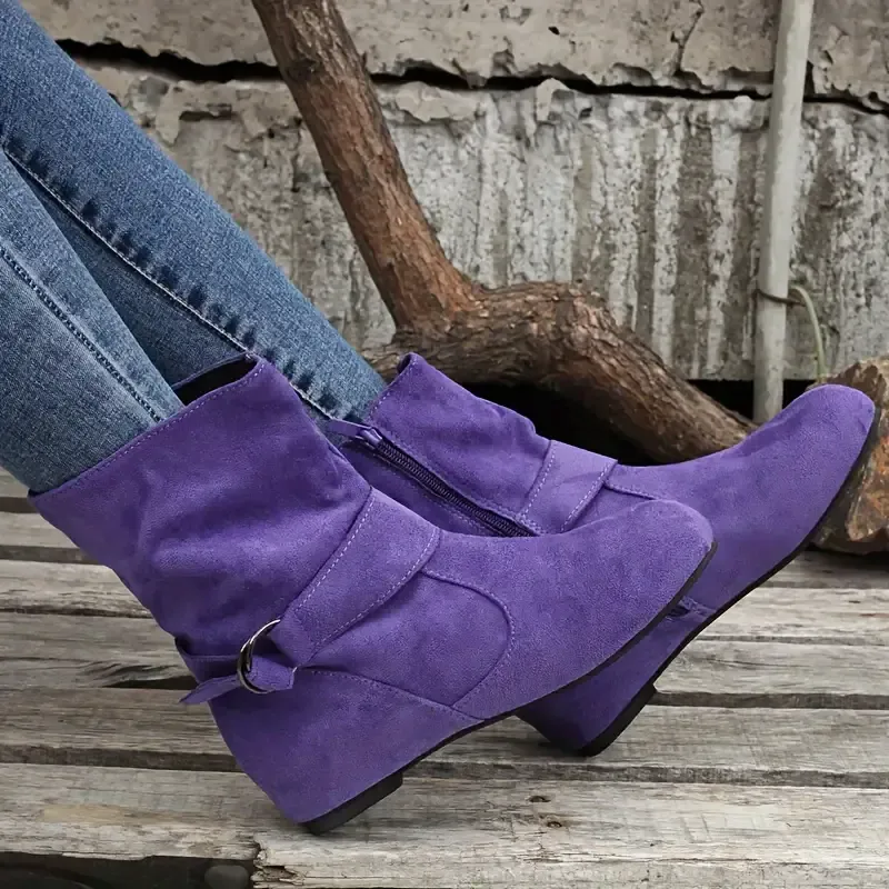 Women's Slouchy Ankle Boots, Solid Color Round Toe Side Zipper Short Boots, Comfortable Flat Boots