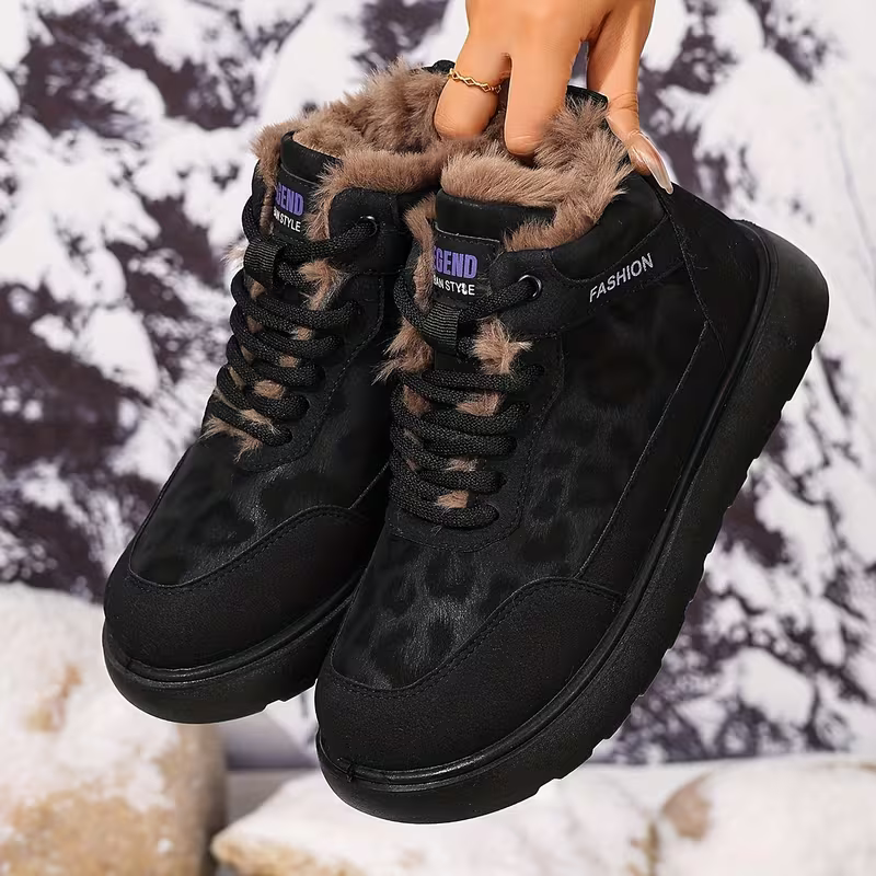 Women's Cozy Leopard Print Thick-Soled Winter Warm Plush Ankle Boots Outdoor Shoes for Home, Office, Casual 