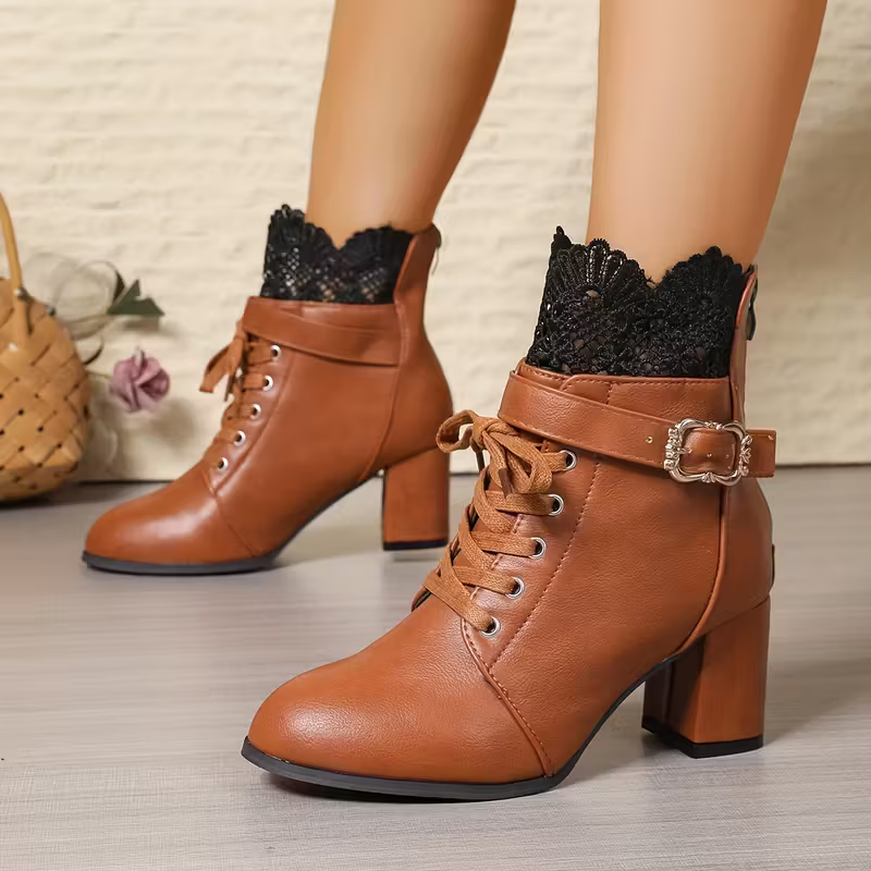 Women's Elegant & Versatile Retro Style Gothic Lace Chunky High-Heel Ankle-High Boots for Dresses, Skirts, Jeans