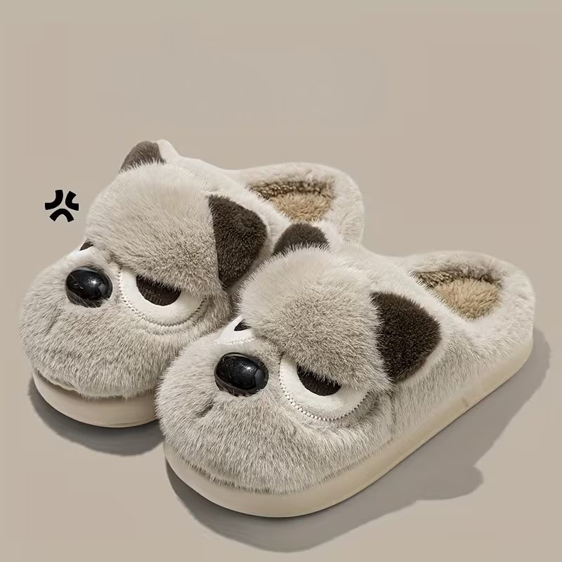 Women's Plush Cute Pomeranian Dog Design Winter Non-Slip Slippers