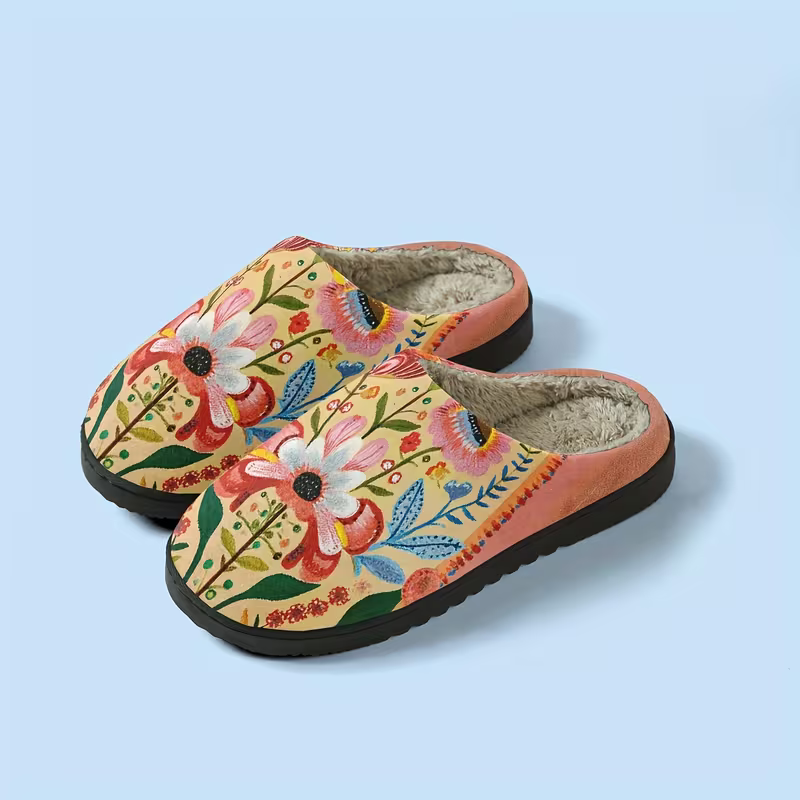 Women's Cozy Plush Vibrant Floral Design Slippers Indoor/Outdoor Shoes