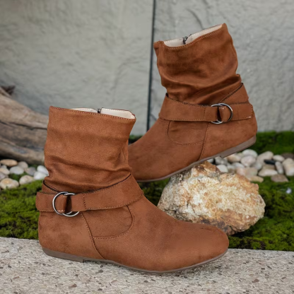 Women's Chic Low Heel Ankle Boots with Side Zipper & Buckle Detail