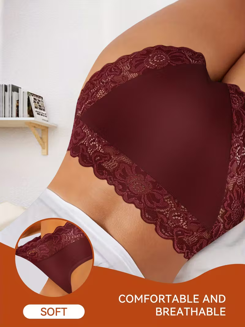 5pcs Women's Stylish & Elegant Floral Patterns Lace Trim Triangle Panties Breathable Mid-Rise Underwear