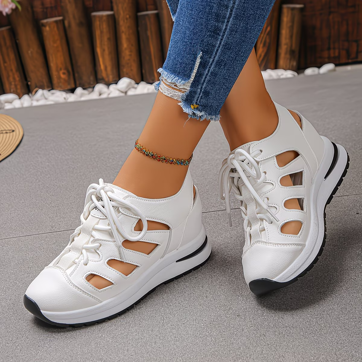 Women's Fashion Hollow-Out Invisible Height Increase Thick Platform Wedge Heel Soprts Sandals