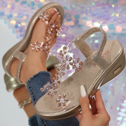 Women's Fashion Flower Rhinestone Elastic Band Platform Wedge Sandals