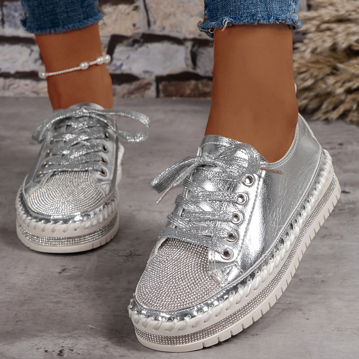 Women's Glittering Rhinestone Fashionable Comfortable Versatile Platform Casual Shoes