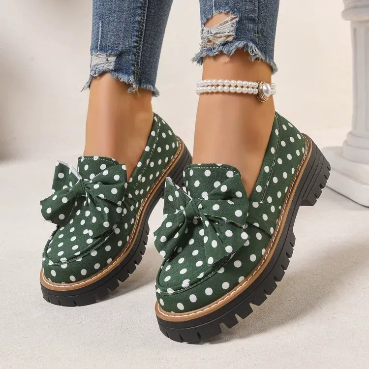 Women's Vintage Polka Dot Bow Platform Loafers