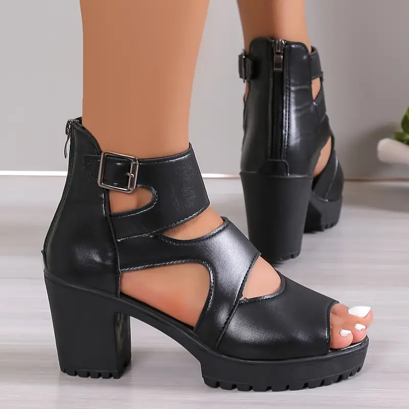 [Chunky Heel] Women's Fashion Hollow Out Design High Heel Sandals