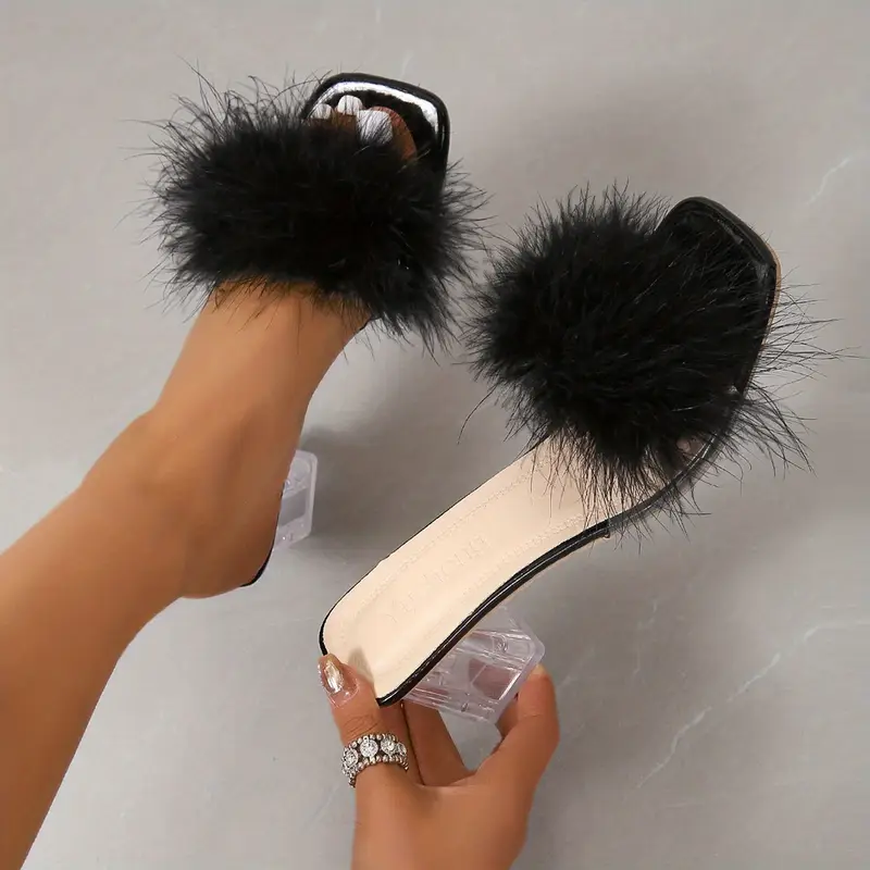 Women's Fashion Faux Fur Decor Chunky Heel Sandals Summer Slip-On Sandals