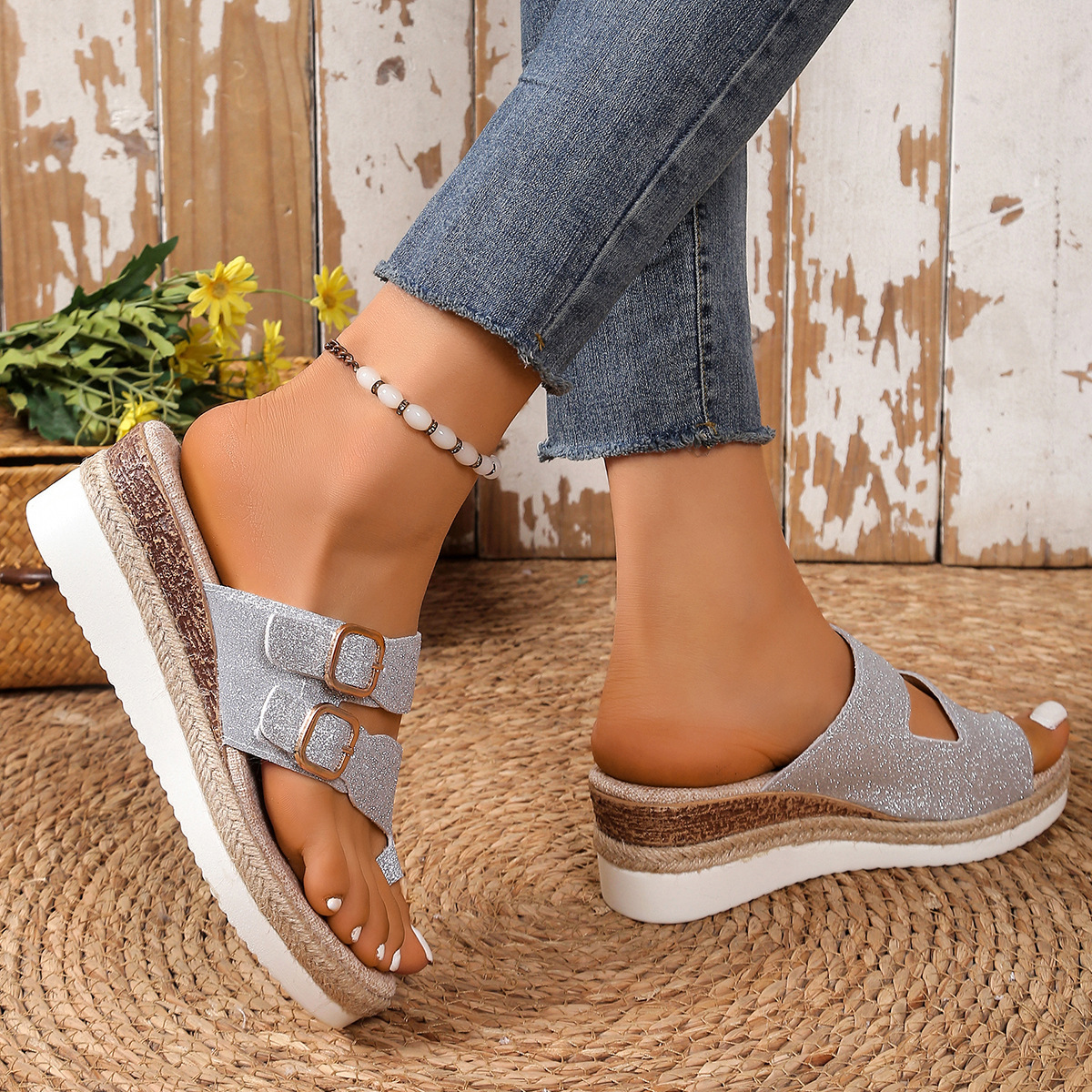 Women's Fashion Glitter Buckle Wedged Sandals Slides