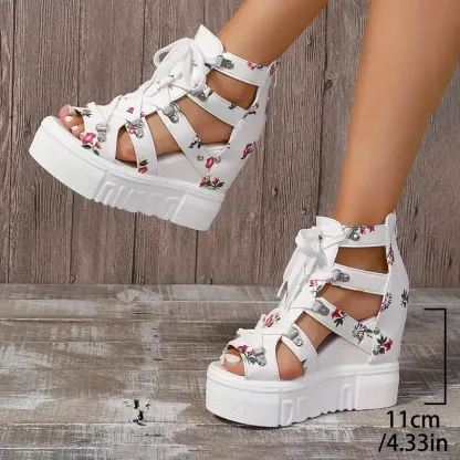 Women's Floral Hollow Vintage Wedge Platform Sandals Holiday Shoes