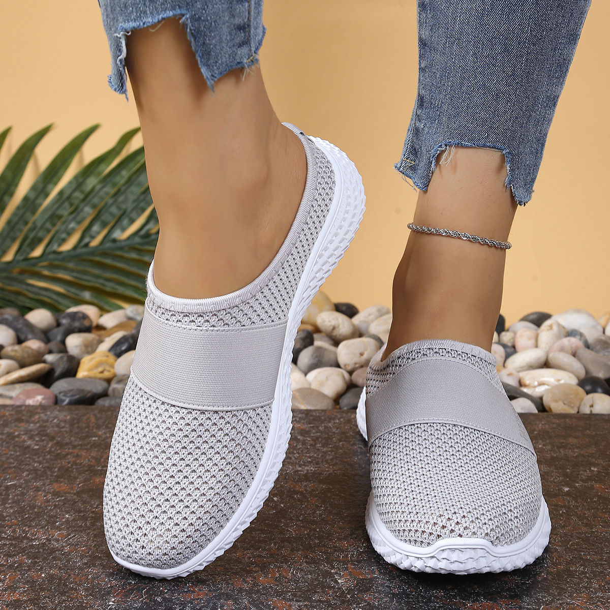 Women's Breathable and Comfortable Knit Mule Sneakers Slip-On Outdoor Walking Shoes