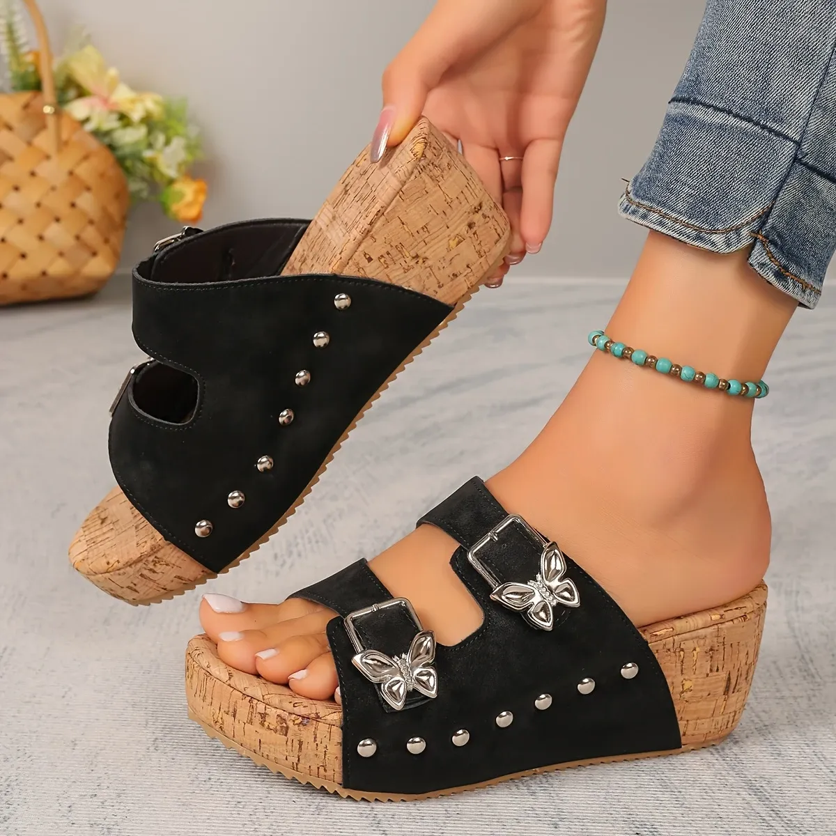Women's Double Butterfly Buckle  Platform Slip On Vacation Sandals Wedge Beach Slides