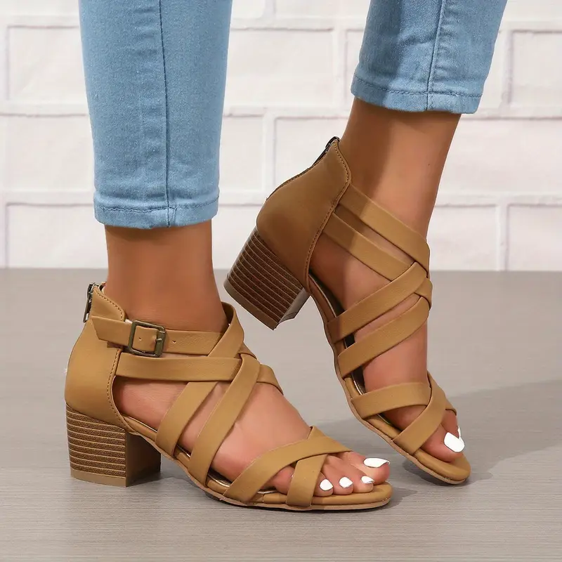 Women's Fashion Cross Strap Chunky Heeled Sandals