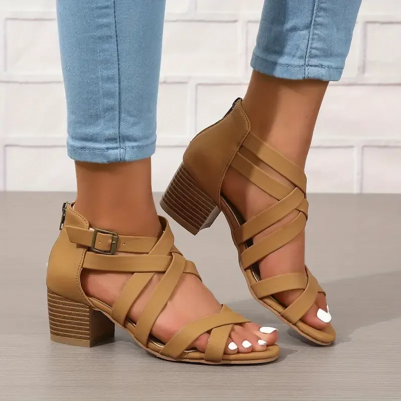 Women's Fashion Cross Strap Chunky Heeled Sandals