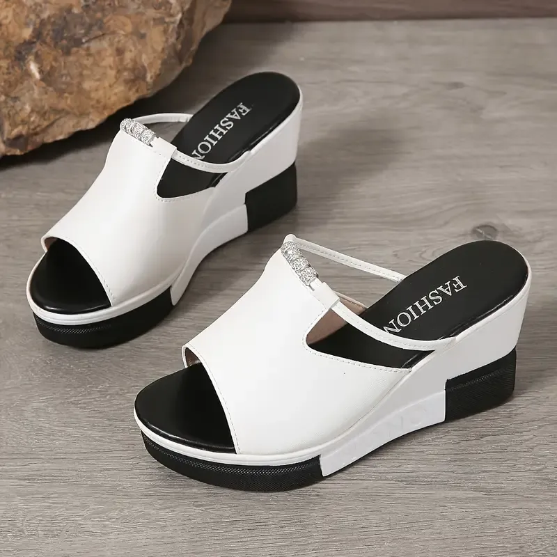 New Arrival - Black & White Stylish Elegant Thick Sole Wedge Sandals with Sparkling Rhinestones 