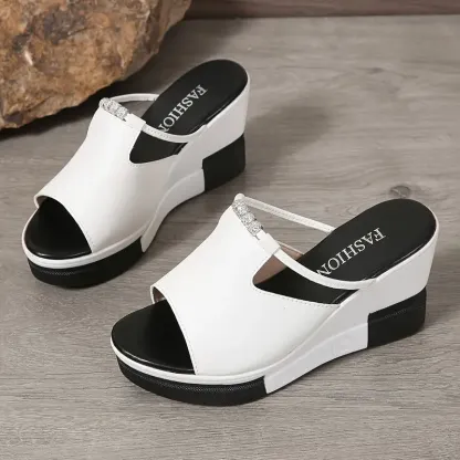 New Arrival - Black & White Stylish Elegant Thick Sole Wedge Sandals with Sparkling Rhinestones 