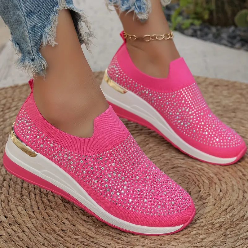 Women's Rhinestone Decor Platform Sneakers Slip-On Outdoor Shoes