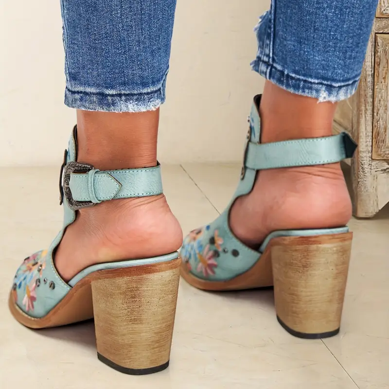 Women's Stylish Floral Vintage Style Chunky Heel Ankle Boots Sandals