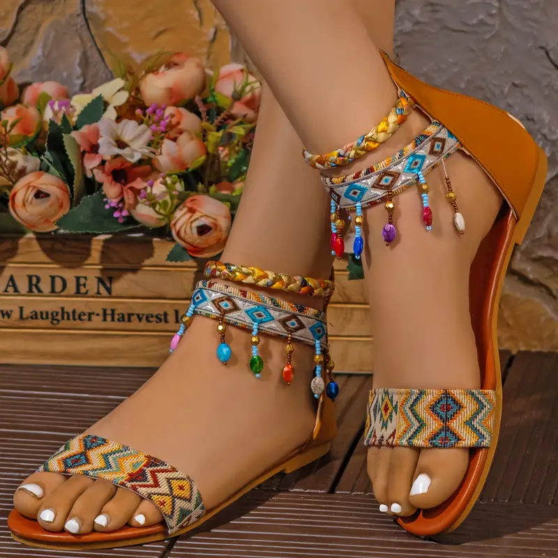 Handmade Bohemian Roman Sandals with Colorful Beads Ankle Straps