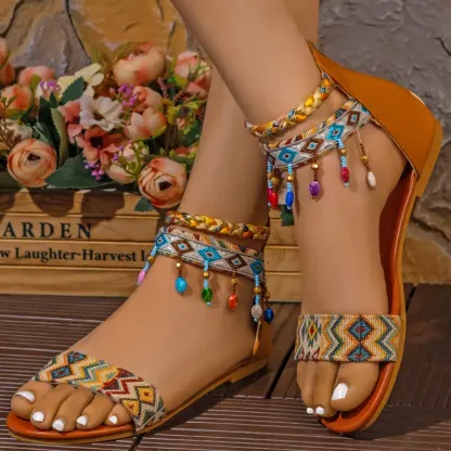Handmade Bohemian Roman Sandals with Colorful Beads Ankle Straps