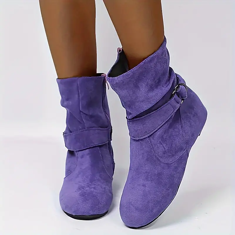 Women's Slouchy Ankle Boots, Solid Color Round Toe Side Zipper Short Boots, Comfortable Flat Boots