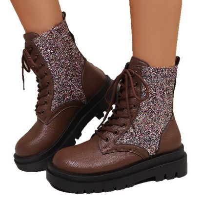Women's New Sequined Lace-up Platform Martin boots Round-toed Short Boots
