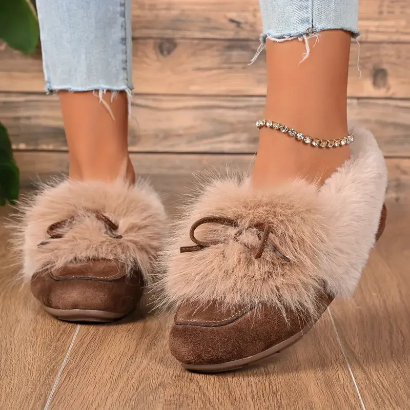 Women's Cozy Non-Skid Plush Slip-On Slippers with Bow Winter Indoor/Outdoor House Shoes
