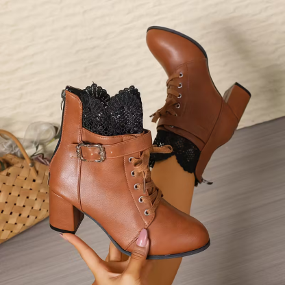 Women's Elegant & Versatile Retro Style Gothic Lace Chunky High-Heel Ankle-High Boots for Dresses, Skirts, Jeans