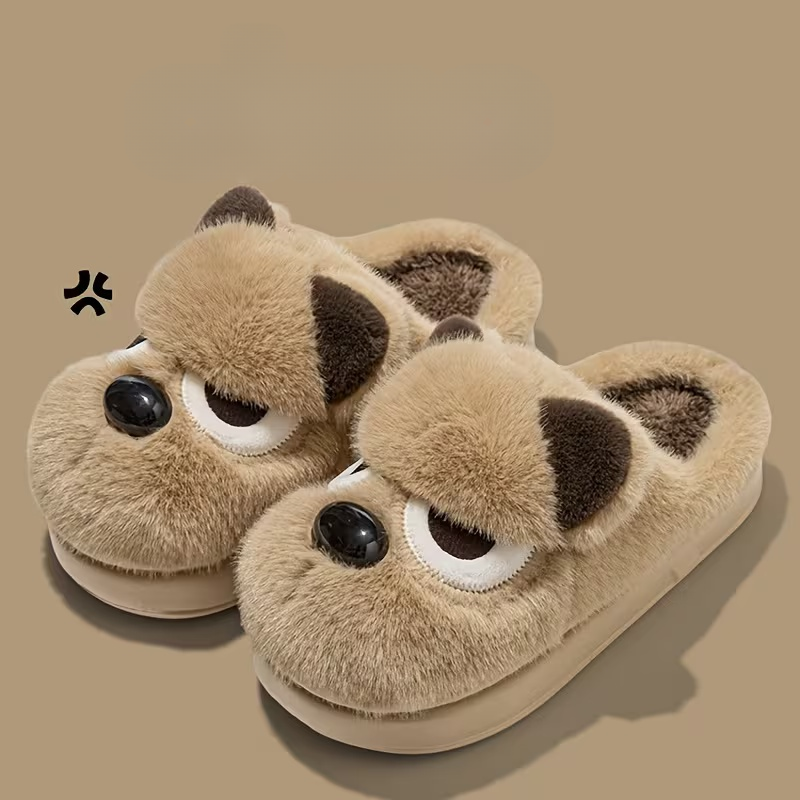 Women's Plush Cute Pomeranian Dog Design Winter Non-Slip Slippers