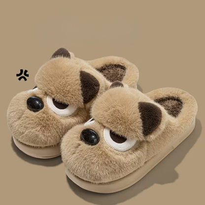 Women's Plush Cute Pomeranian Dog Design Winter Non-Slip Slippers