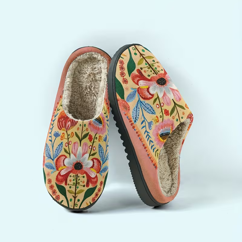 Women's Cozy Plush Vibrant Floral Design Slippers Indoor/Outdoor Shoes