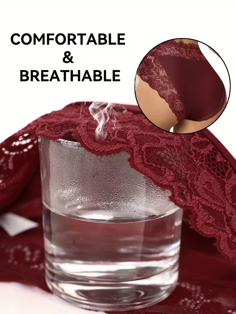 5pcs Women's Stylish & Elegant Floral Patterns Lace Trim Triangle Panties Breathable Mid-Rise Underwear