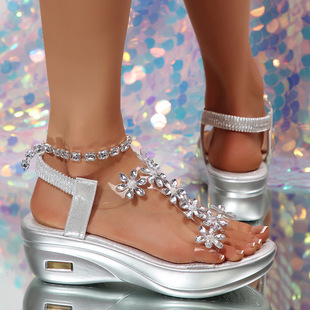Women's Fashion Flower Rhinestone Elastic Band Platform Wedge Sandals
