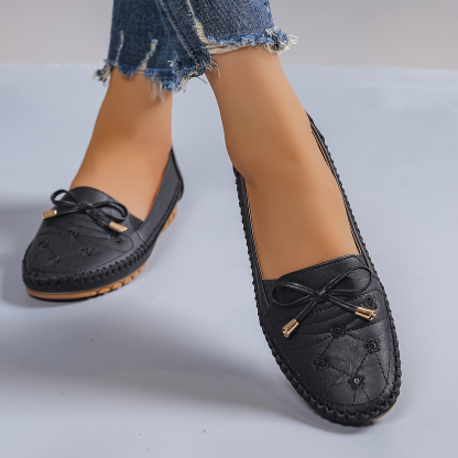 Women's Lightweight & Comfortable Bow-decorated Leather Flat Penny-loafer Slip-on Shoes