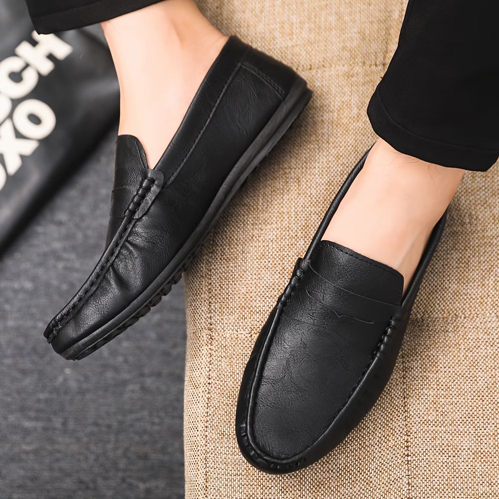 Men's British Style Soft & Comfortable & Lightweight Leather Slip-On Loafers Business Flat Shoes