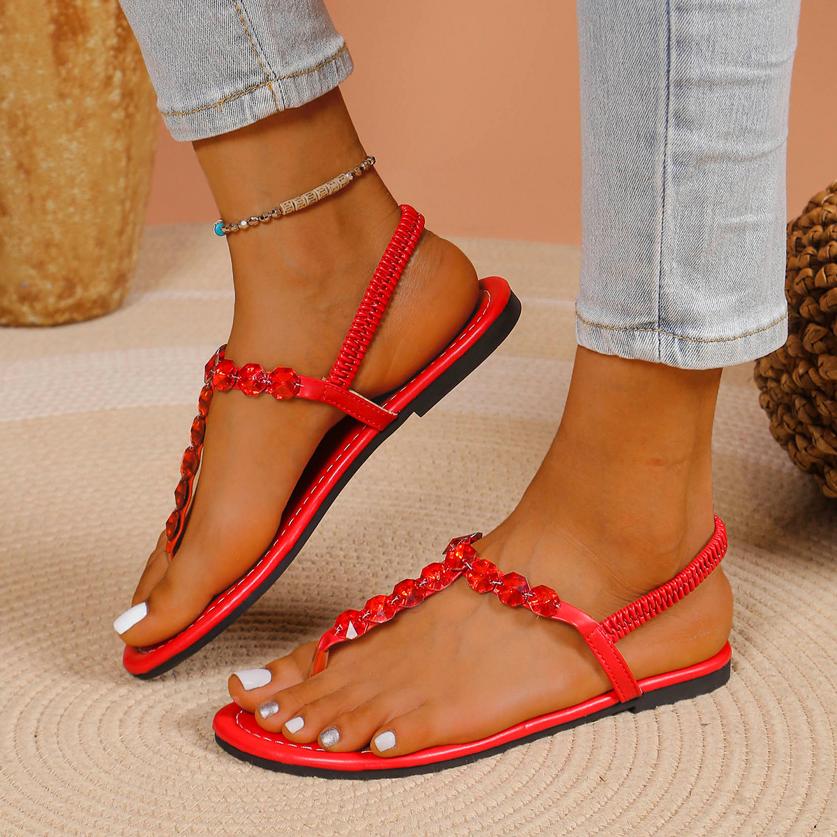 Women's Rhinestone Crystal Elastic Slingback Thong Flat Summer Sandals