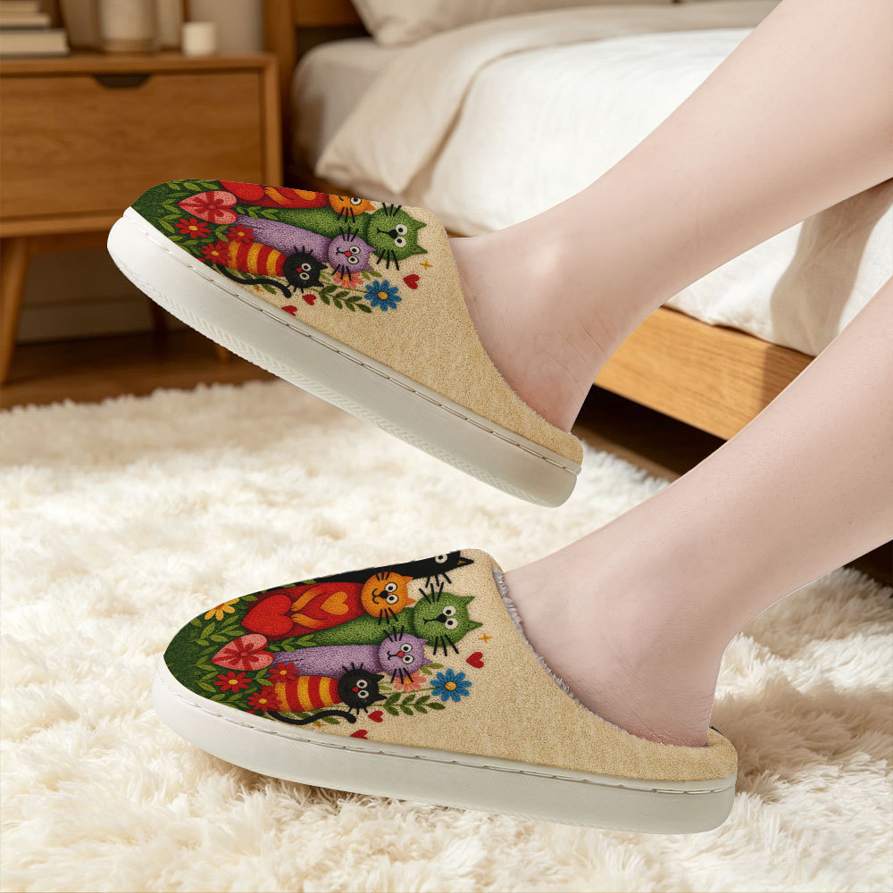 Women's Folk Art Multi‑Cat Floral Print Fuzzy House Slippers