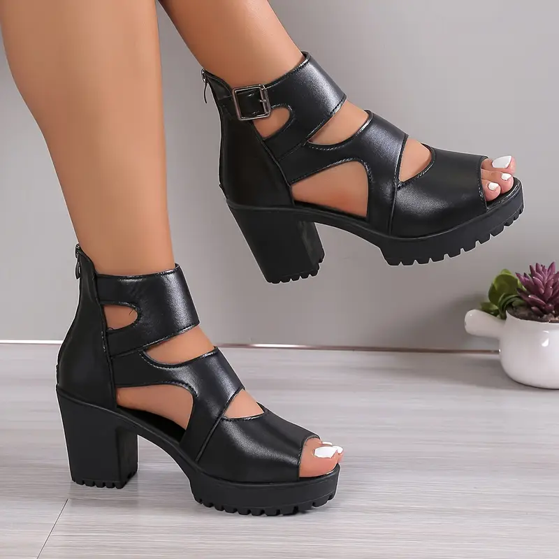 [Chunky Heel] Women's Fashion Hollow Out Design High Heel Sandals