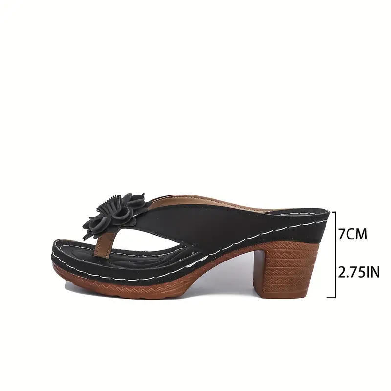 Women's Fashionable Floral Solid Color Block Heel Sandals Flip Flops - All-Match Footwear