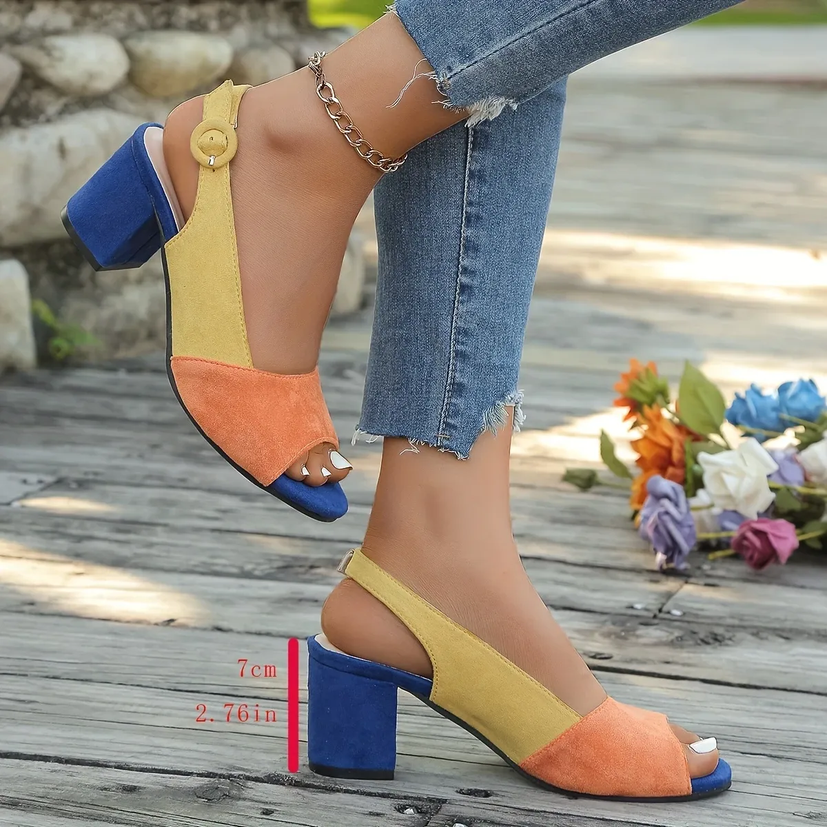 Women's Geometric Contrast Color Chunky Heel Sandals for Casual & Party Wear