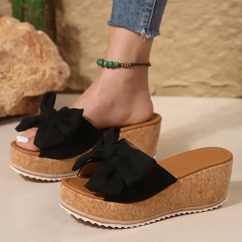 Women's Soft Sole Bowknot Decor Leopard Print Slip-On Platform Sandals