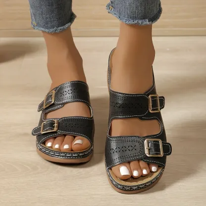 Women's Stylish Comfortable Double Buckle Cut-Out Wedge Sandals Beach Holiday Shoes