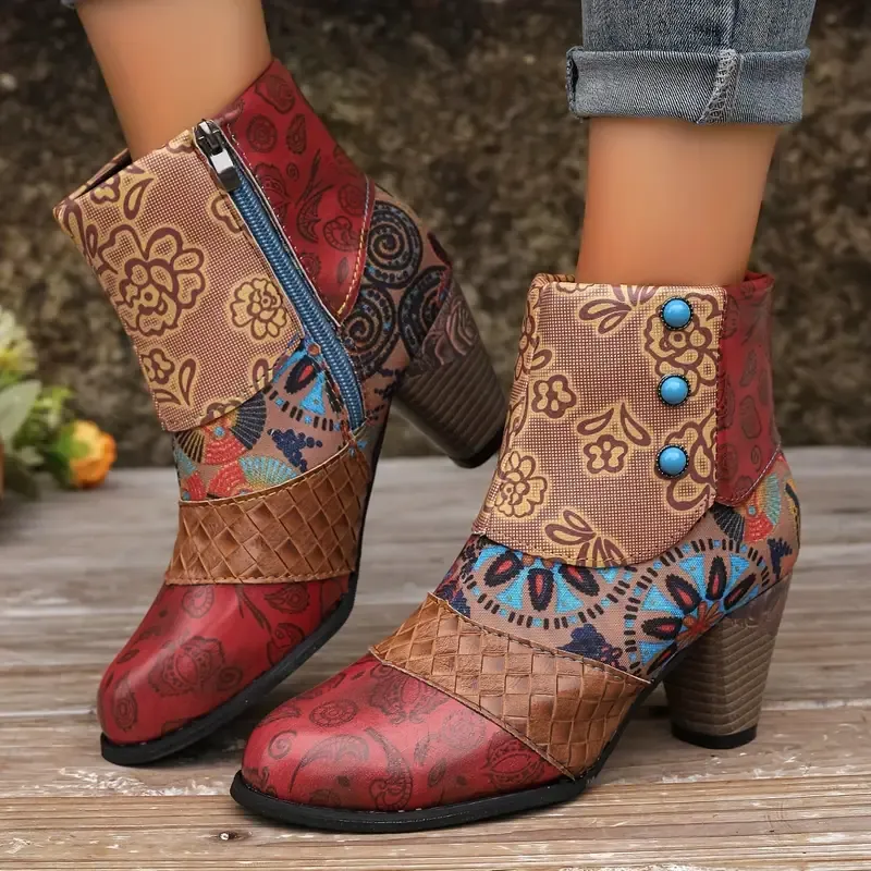 Women's Bohemian Floral Pattern Chunky Boots