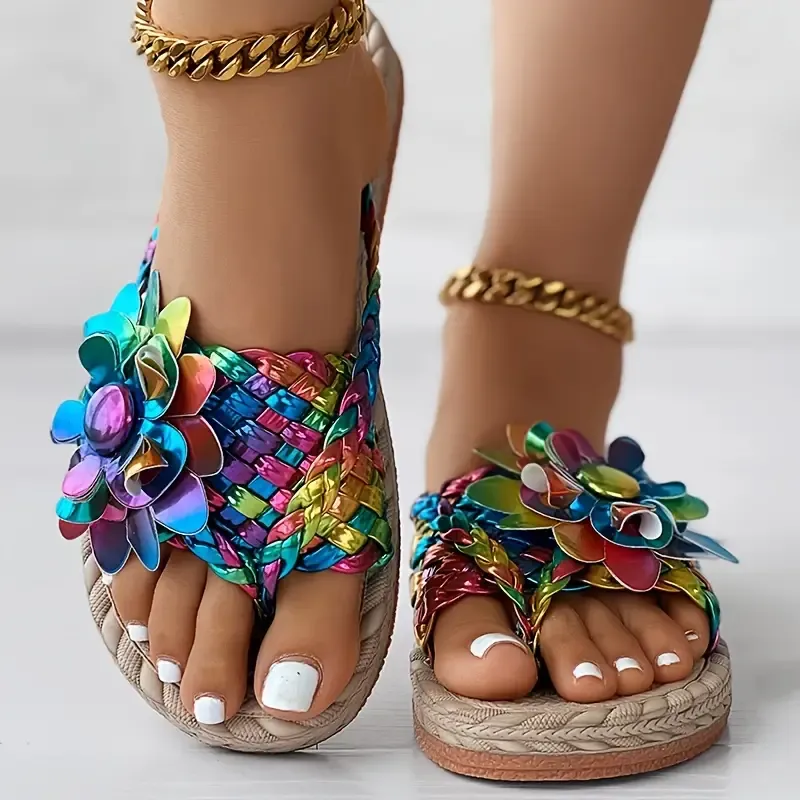 Women's Colorful Laser Flower Flip Flops Beach Sandals