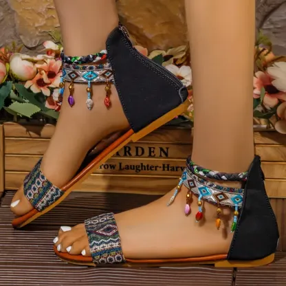 Handmade Bohemian Roman Sandals with Colorful Beads Ankle Straps