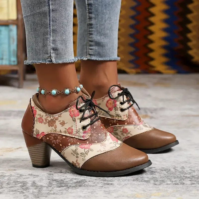 Women's Floral Bohemian Lace-Up Round-Toe Block Heel Ankle Boots