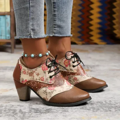 Women's Floral Bohemian Lace-Up Round-Toe Block Heel Ankle Boots